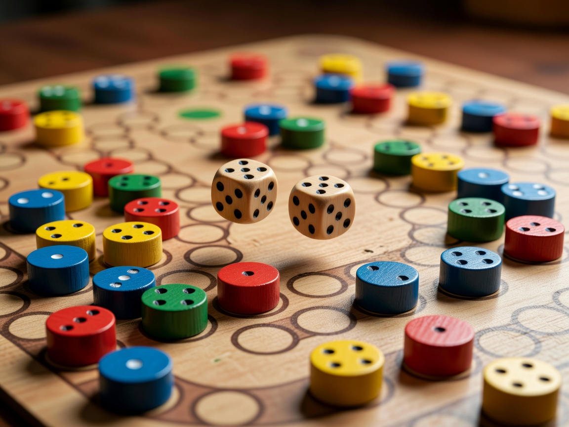 Close up of dice roll on board game track with colorful wooden tokens