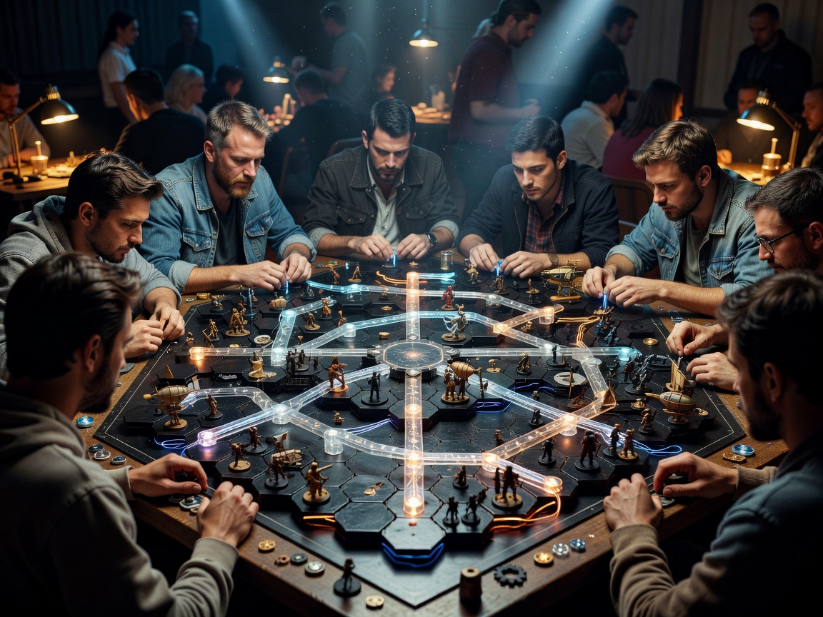 Competitive tournament play with players gathered over complex board game board