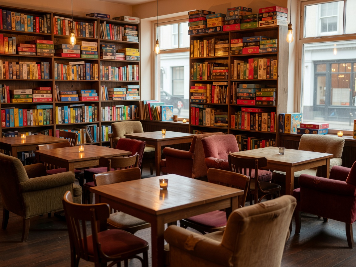 Cozy board game cafe setup with wooden tables and filled shelves of games