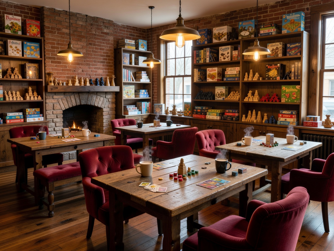 Cozy dining area in Tabletop Haven bistro with board games on display