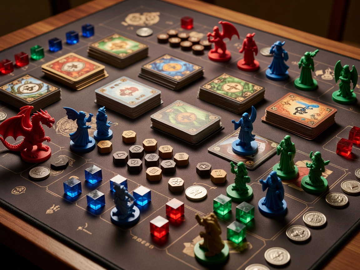 Detailed board game components and cards laid out on game mat