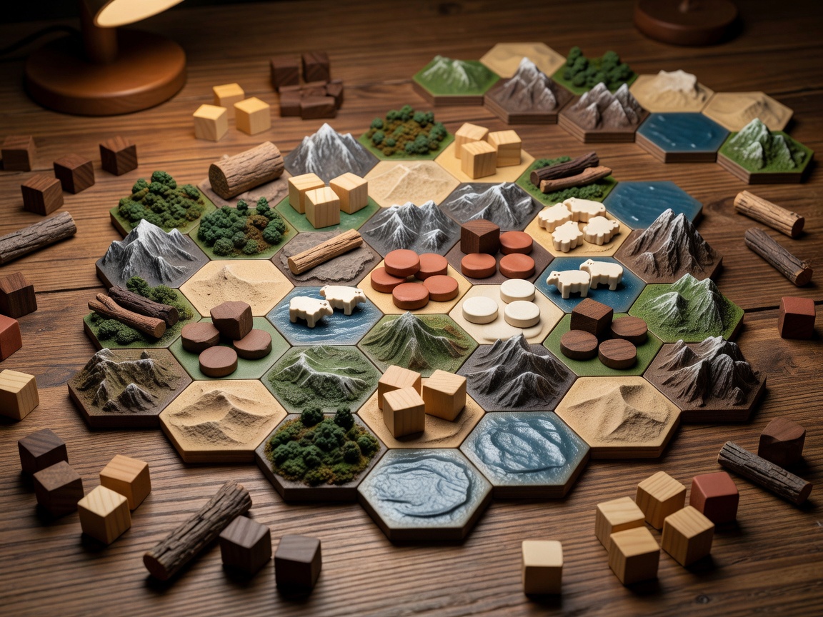 Detailed board game strategy board with wooden resources and hex tiles