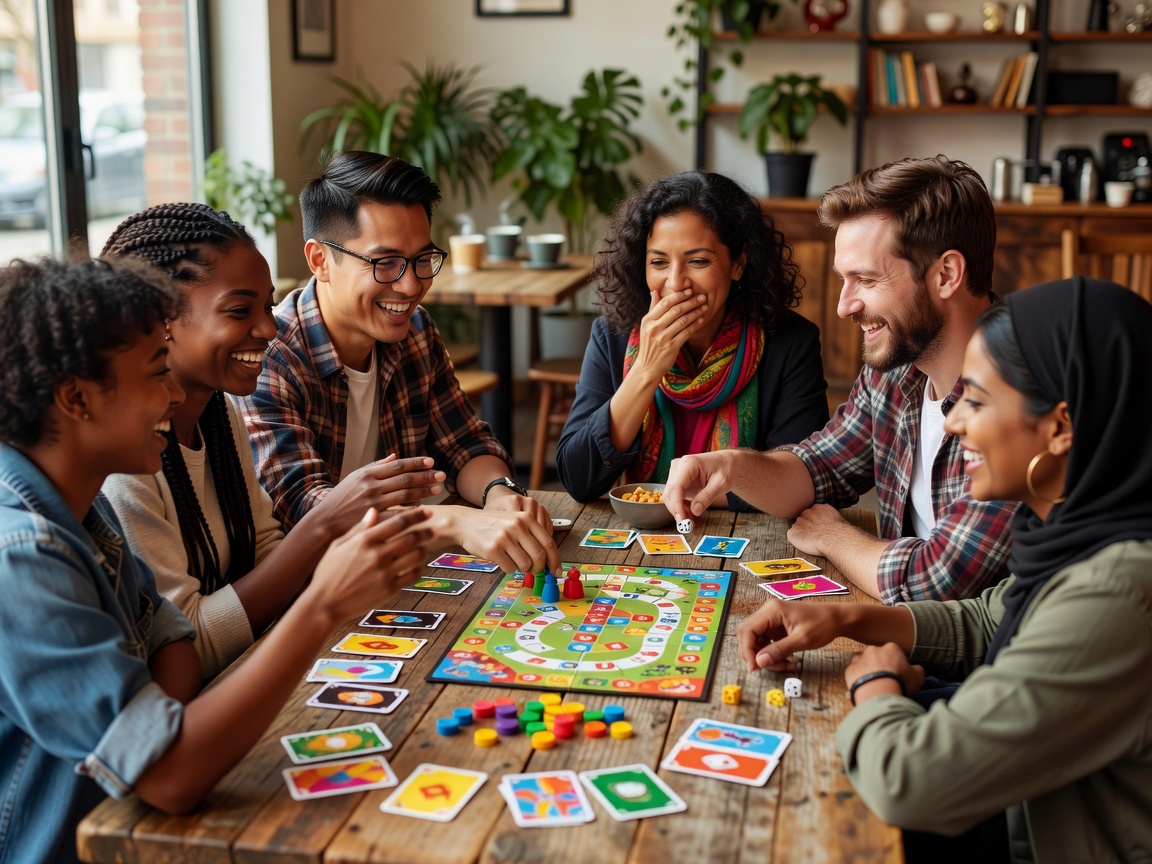 Group of diverse friends sitting around wooden cafe table playing party board game