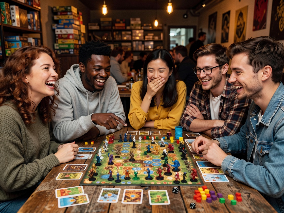 Group of friends sitting at board game cafe table laughing while playing strategy game