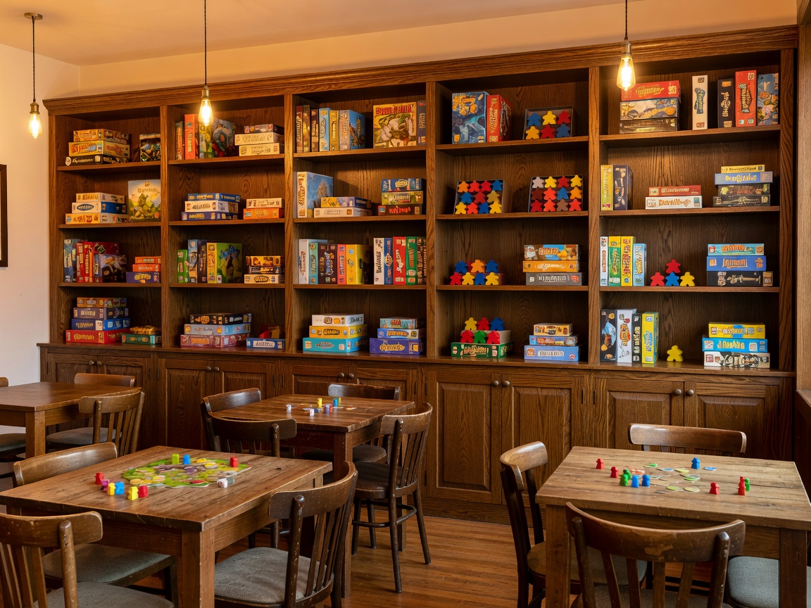 Interior view of Meeple & Mocha café with warm lighting and wooden board game shelves