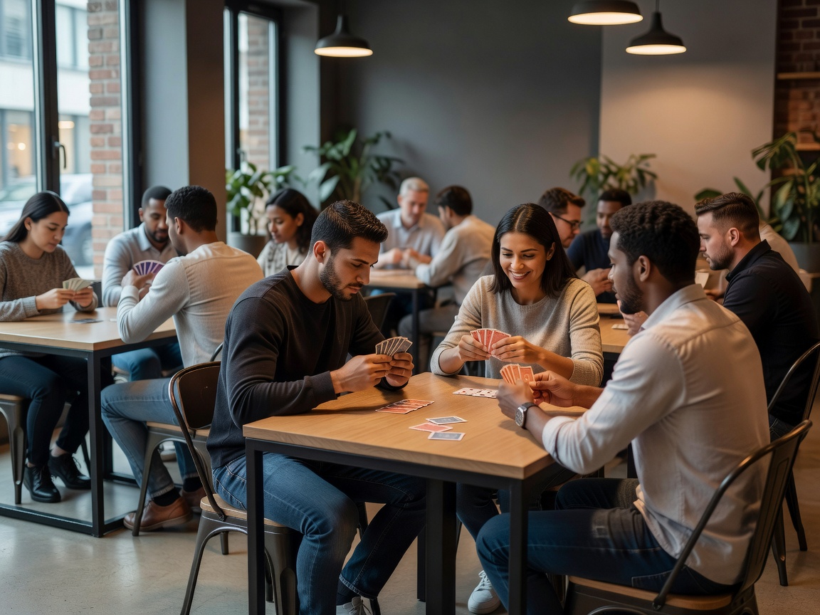 Modern café tables with players playing card games