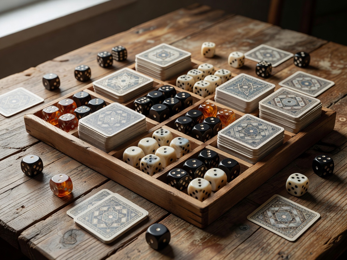 Pairwise Board Game Sorting Interface showing dice and cards on wooden table