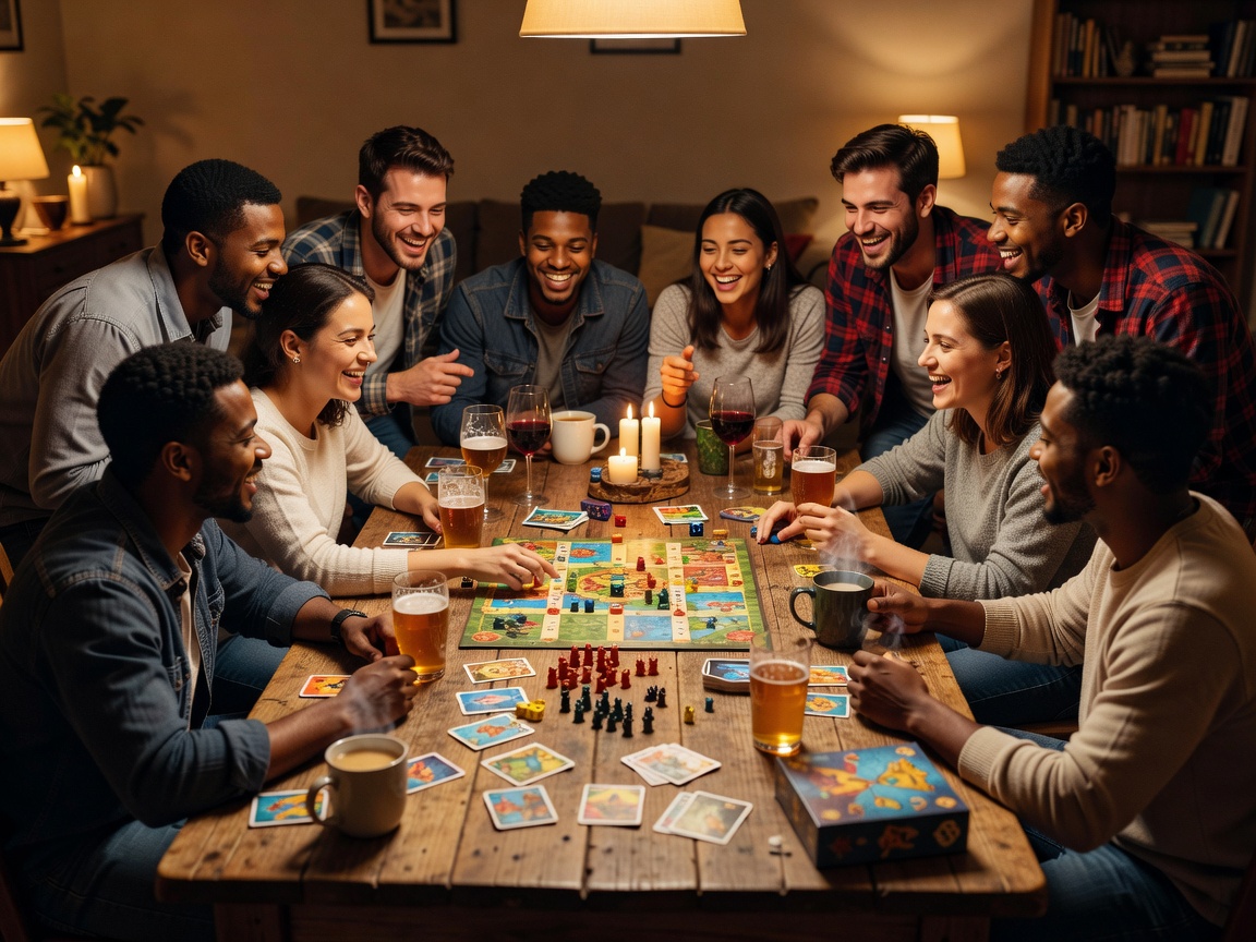 People gathering around table in friendly environment with drinks and board games